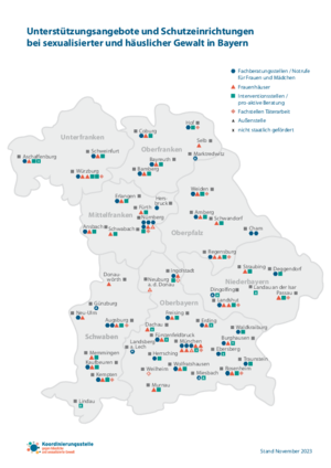 PDF öffnen: Die Standorte der eben benannten Einrichtungen des bayerischen Frauenunterstützungssystems.